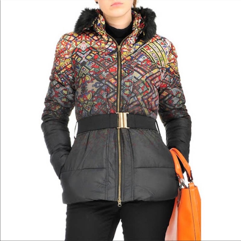 Desigual Stained Glass Print Faux Fur Trim Belted Puffer Jacket Coat